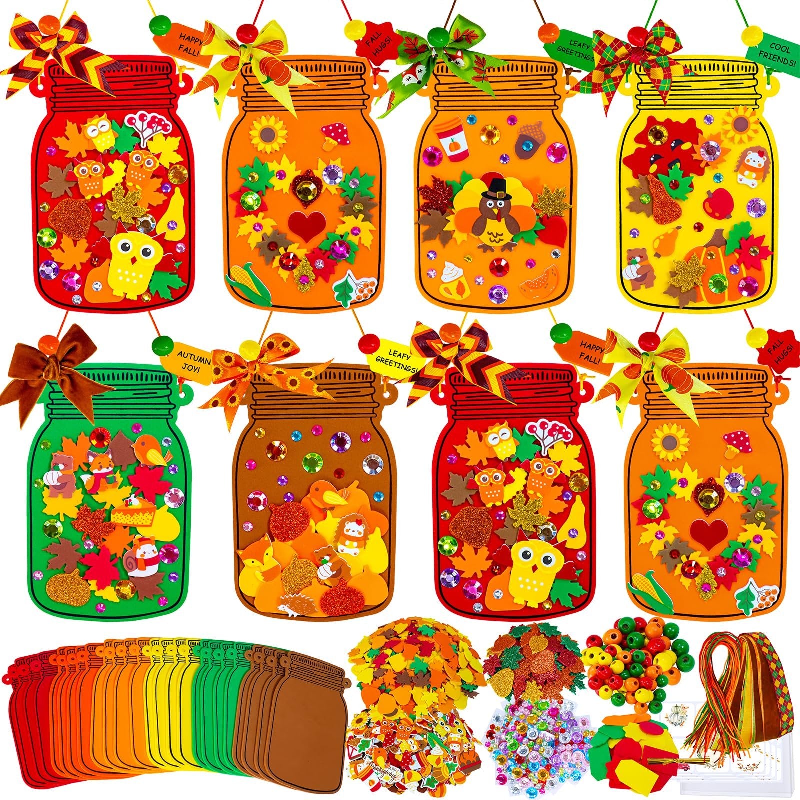 Fall Mason Jar Ornament Craft Kit with foam bases, stickers, beads, treat bags, tags, and cords.