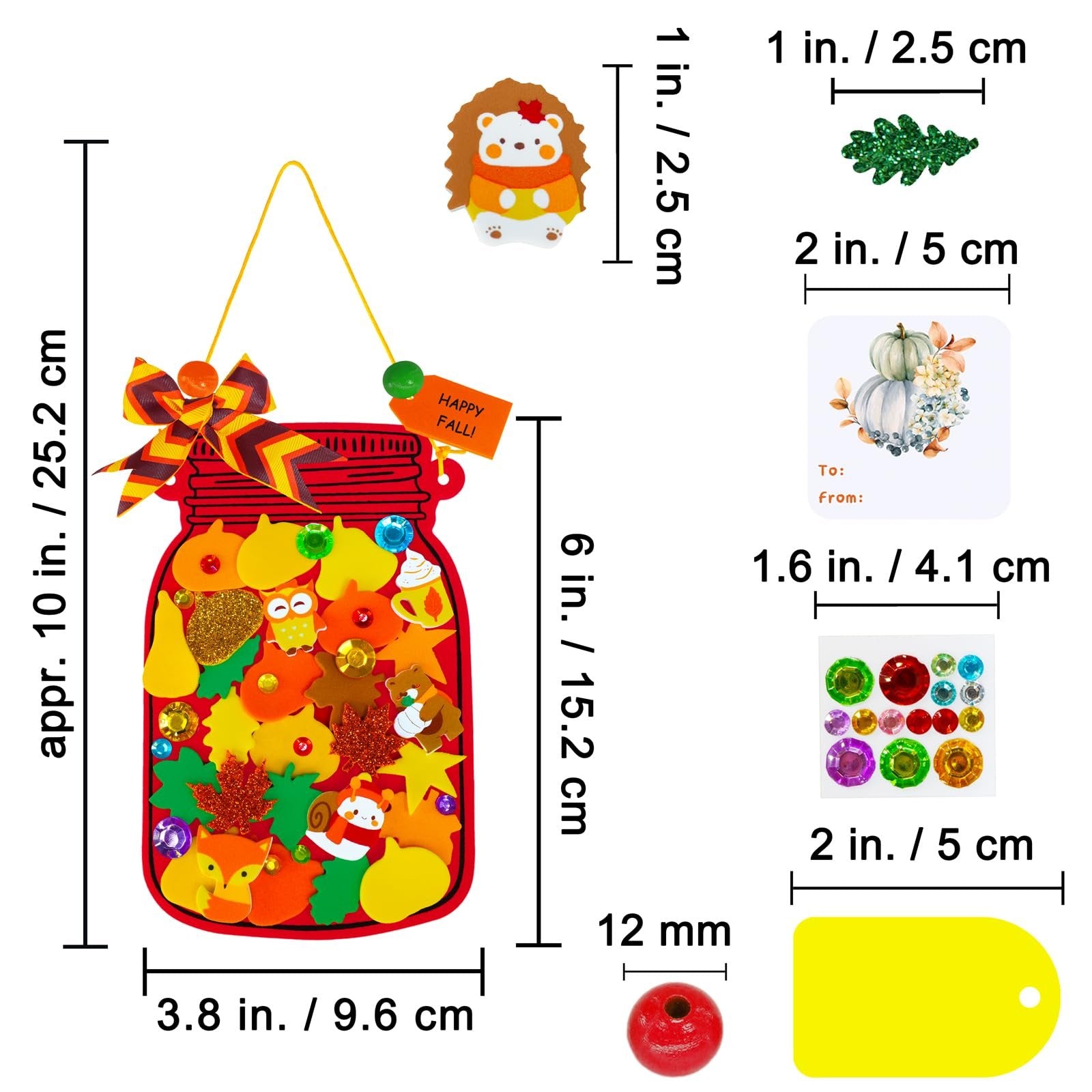 Fall mason jar craft kit components and dimensions shown, including foam base, stickers, beads, and tags.