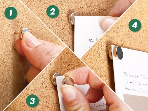 Four panels showing how to use silver magnetic push pins on a cork board to attach paper.