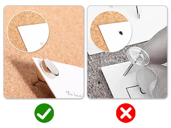 Silver magnetic push pins holding paper on a cork board, with a close-up view of the pin and paper.