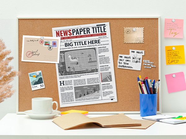 Cork board with a newspaper, envelope, stamps, sticky notes, and a cup of coffee on a desk.
