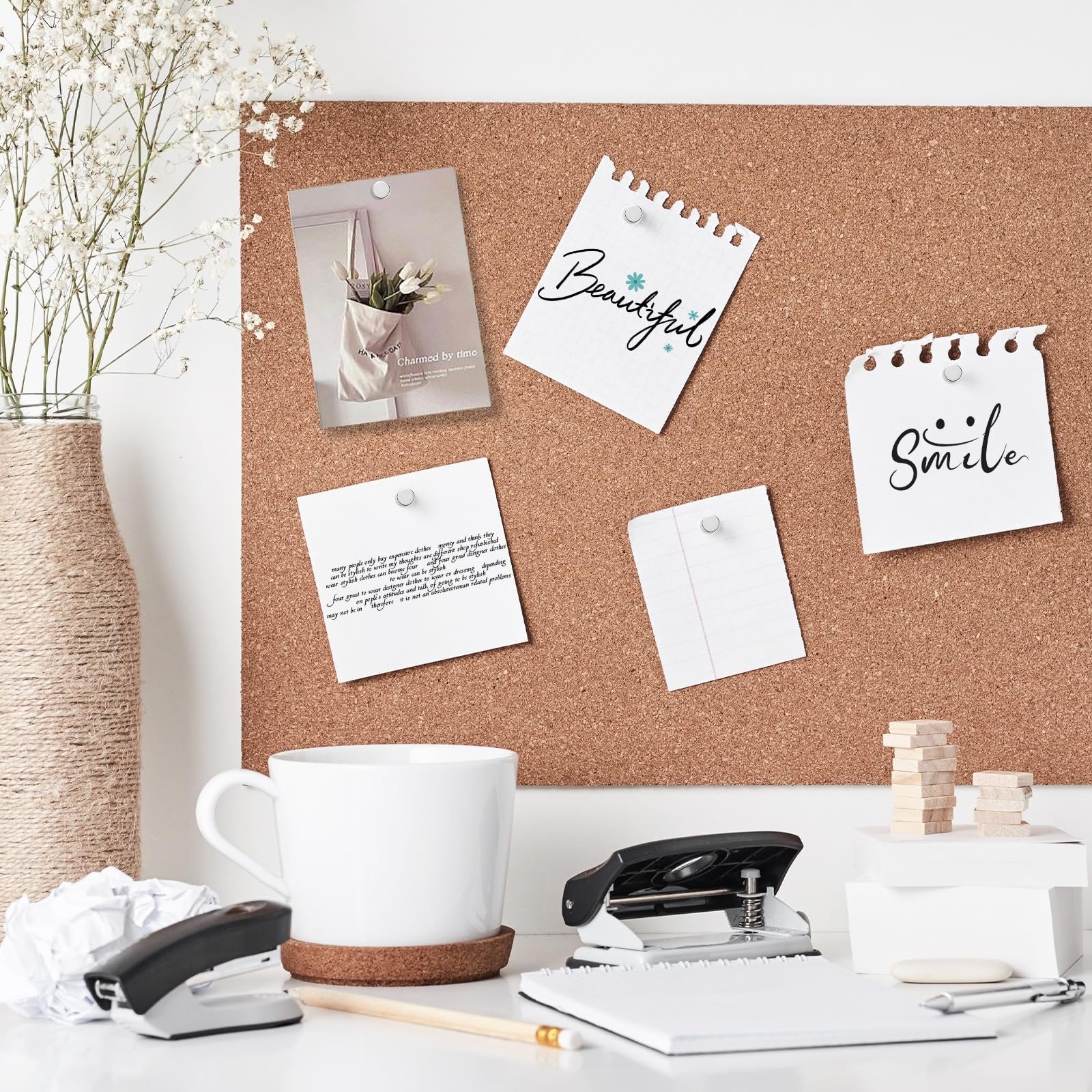 Cork board with various notes and photos pinned, including a vase of flowers, a coffee mug, and office supplies on a desk.