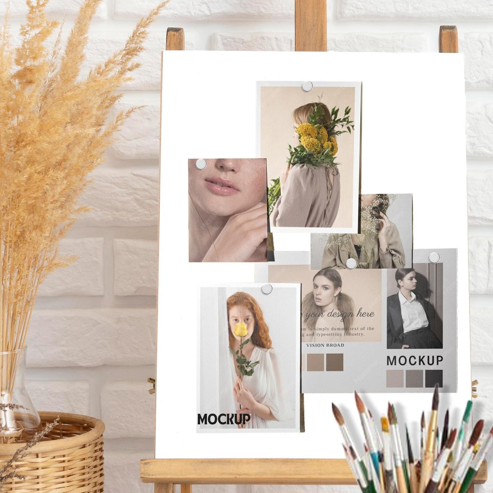 Mood board with fashion photos and text overlays pinned to a canvas on an easel, with dried grass and paintbrushes.