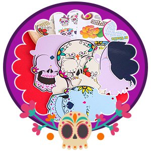 Sugar skull craft kits with assorted designs, stickers, and decorative elements inside a purple circle with floral accents.