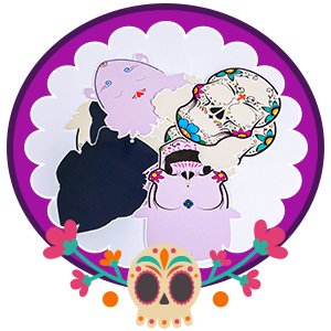 Sugar skull craft kit pieces including skulls and cat figures, with decorative flowers and a sugar skull emblem.