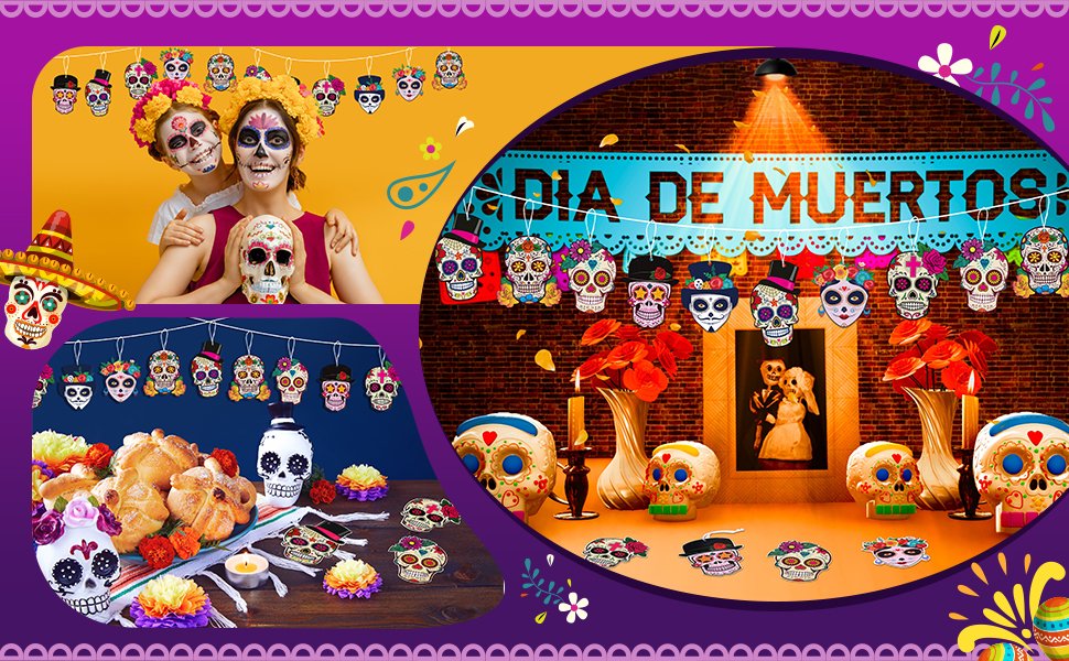 Two people in Day of the Dead makeup holding a sugar skull, surrounded by craft kit decorations and traditional bread.