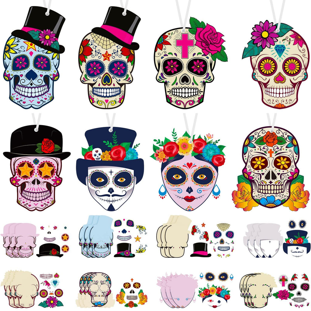 Set of 24 sugar skull craft kits with various designs and accessories, including stickers and hanging ropes.