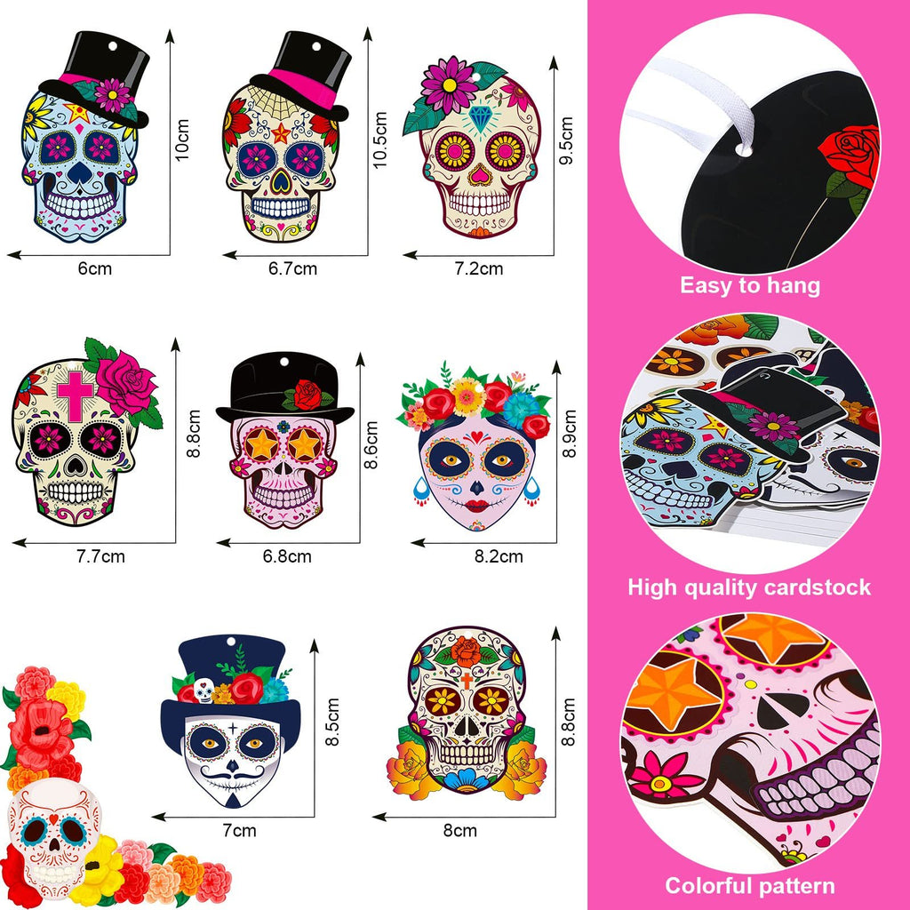 Sugar skull craft kit pieces with dimensions and descriptive text overlays