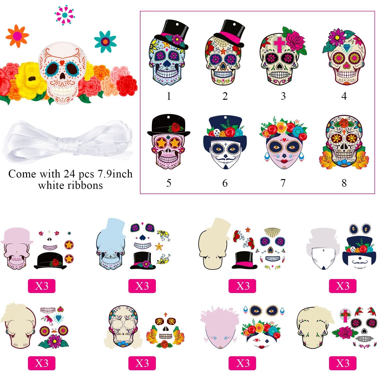 Sugar skull craft kit components including decorative skulls, stickers, and white ribbons.
