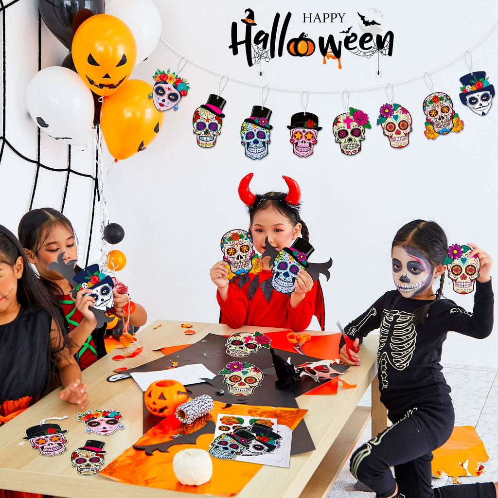 Children crafting sugar skull decorations for Halloween, with balloons and a banner in the background.