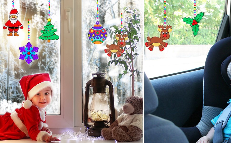 Christmas suncatchers including Santa, tree, snowflake, ornament, reindeer, and holly hanging in window and car