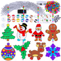 Christmas suncatcher craft kit contents including paint, beads, string, and various acrylic shapes like a tree, snowman, Santa, gingerbread man, ornament, holly, reindeer, and snowflake.