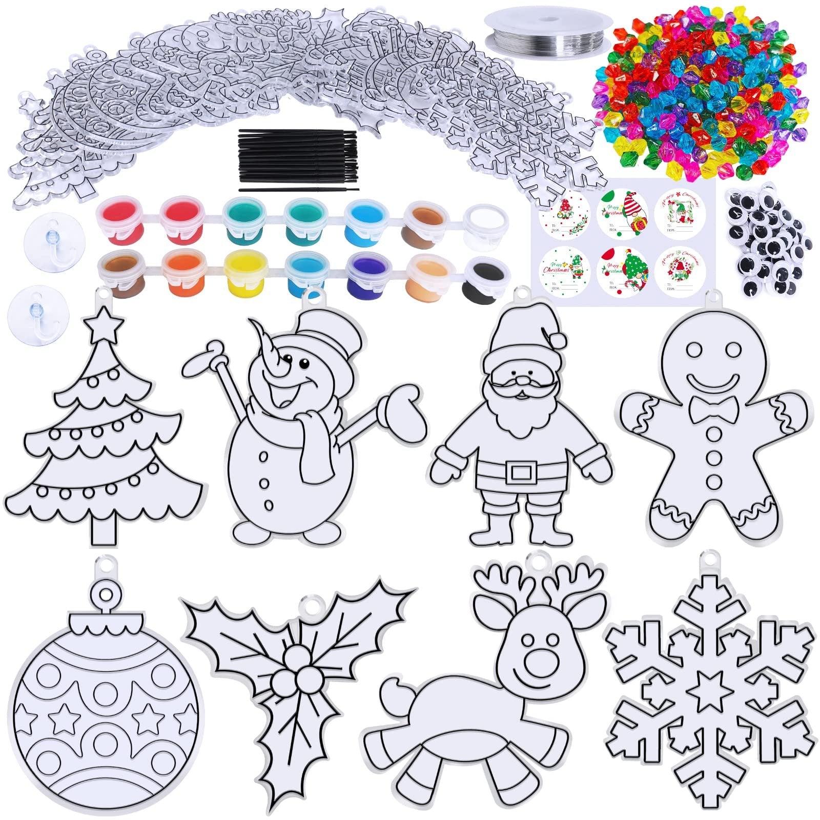 Christmas suncatcher craft kit with paints, beads, brushes, and various holiday shapes including a tree, snowman, Santa, gingerbread man, ornament, holly, reindeer, and snowflake.
