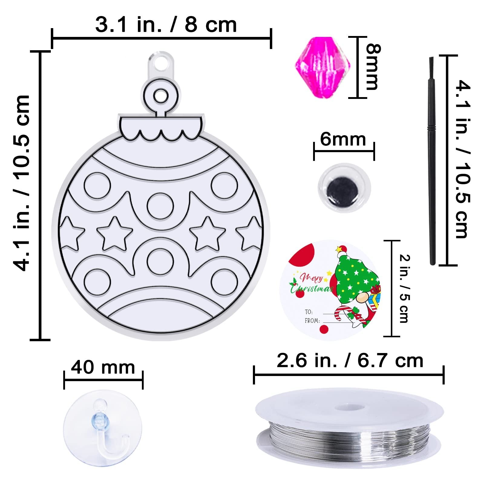 Christmas ornament craft kit components including a blank ornament, bead, googly eye, sticker, brush, suction cup, and wire.