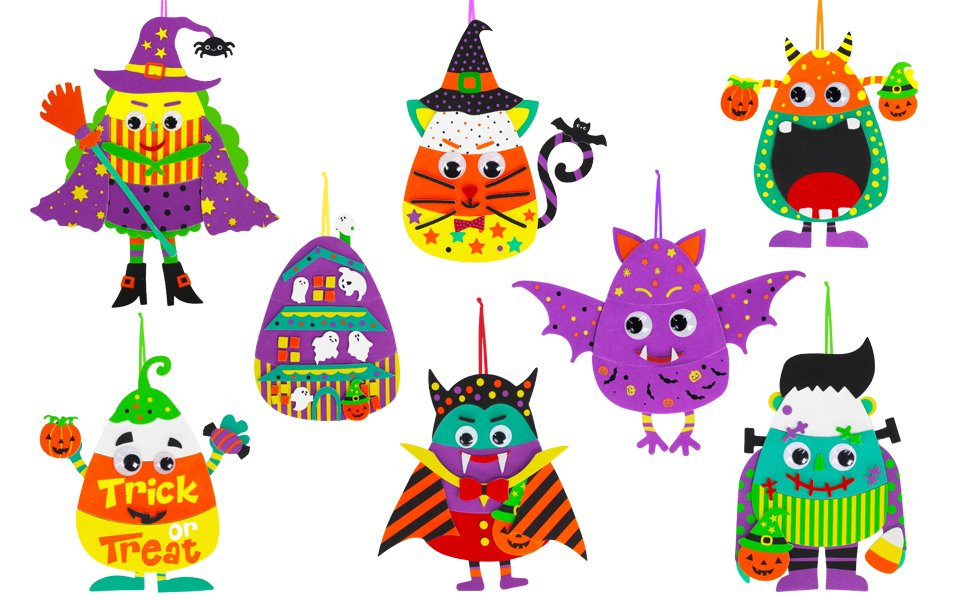Assortment of 7 DIY Halloween foam craft ornaments including a witch, candy corn, bat, vampire, monster, and haunted house.