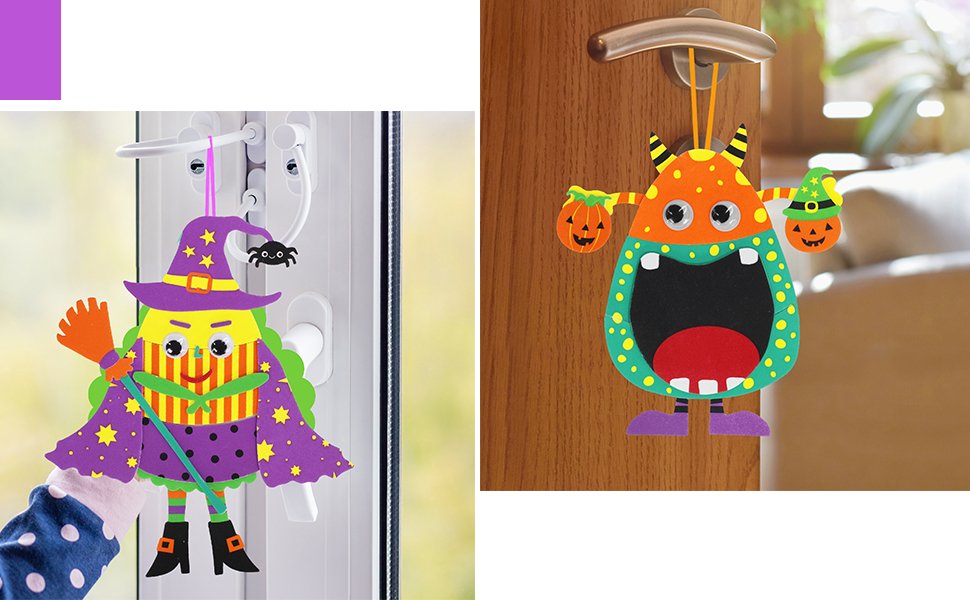 Two Halloween foam craft ornaments, a witch and a monster, hanging on a door and window.