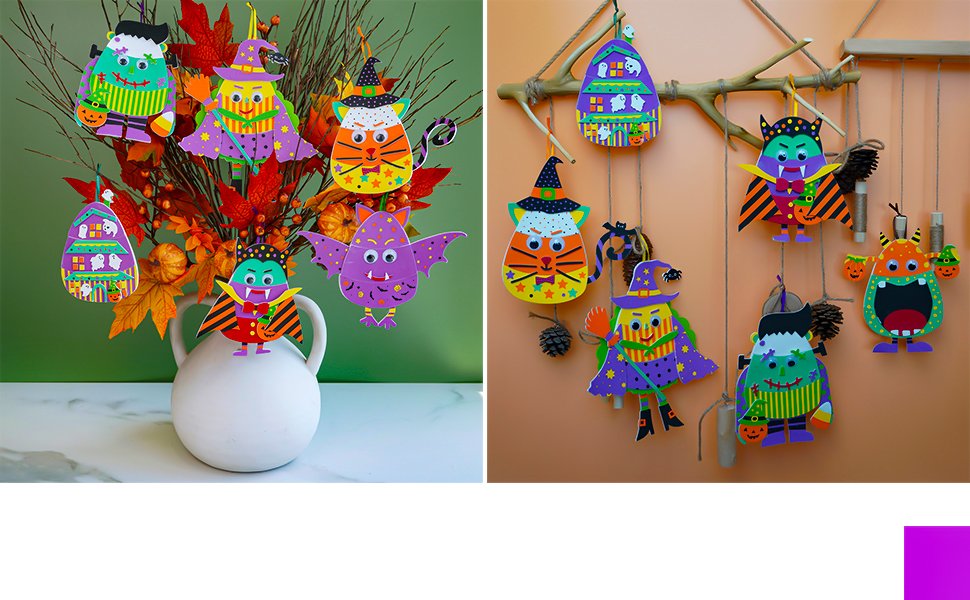 Halloween foam ornament craft kits featuring Frankenstein, witch, vampire, candy corn cat, and monster designs hanging on branches and in a vase.
