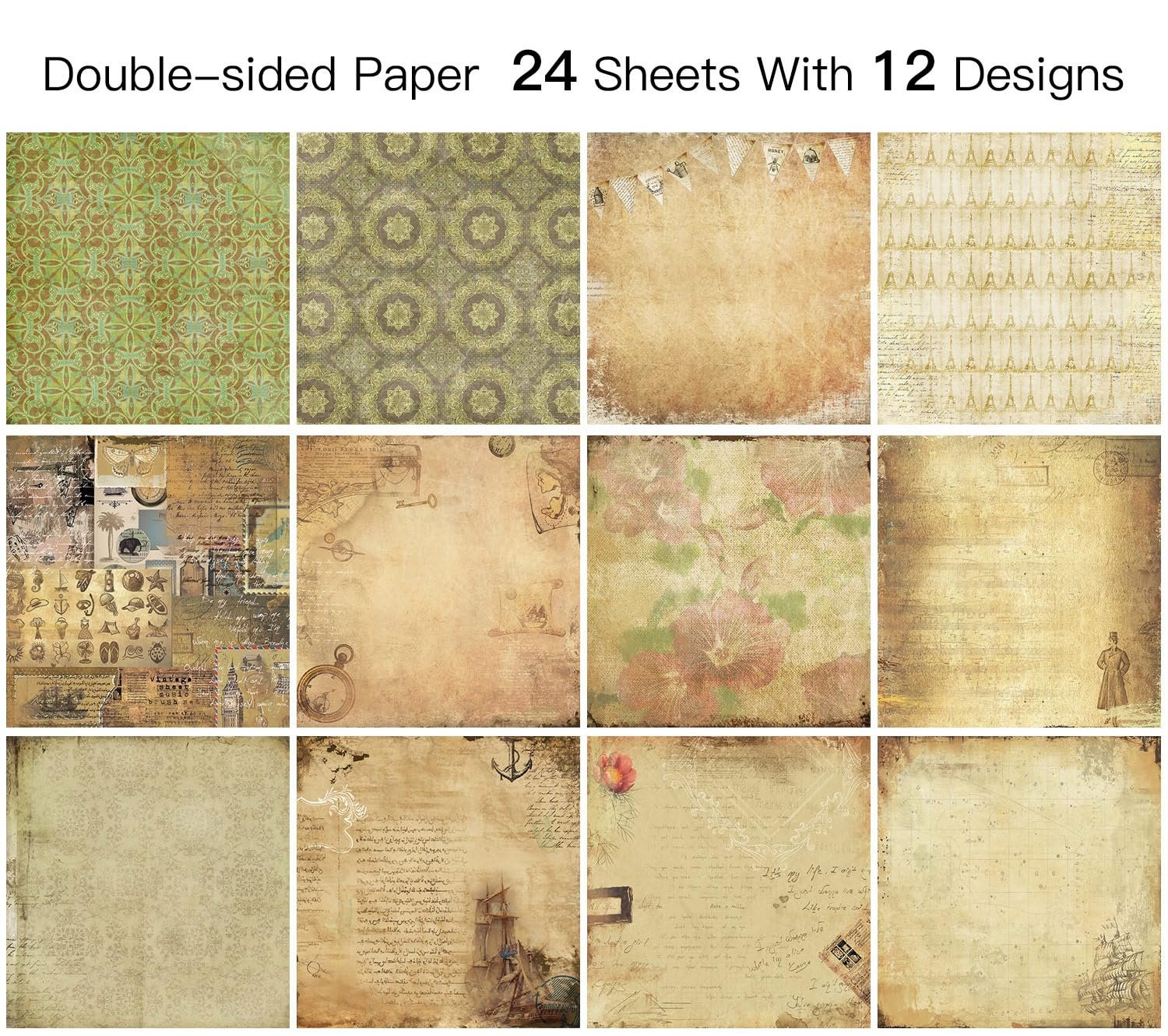 Collage of 12 vintage patterned scrapbook paper sheets, each 12x12 inches, featuring floral, Eiffel Tower, and nautical designs.