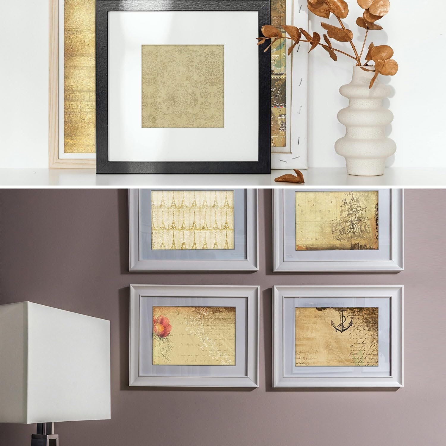 Collage of framed vintage patterned scrapbook paper designs including Eiffel Tower, ship, flower, and anchor motifs.