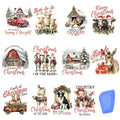 Collage of 12 vintage Christmas farm-themed rub-on transfer designs featuring animals and winter scenes.