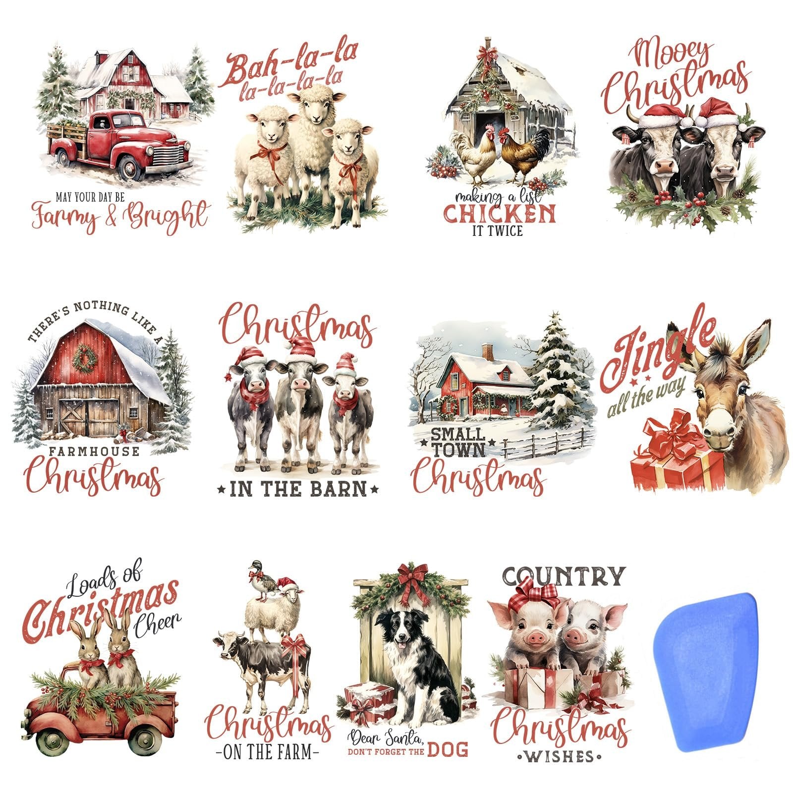 Collage of 12 vintage Christmas farm-themed rub-on transfer designs featuring animals and winter scenes.
