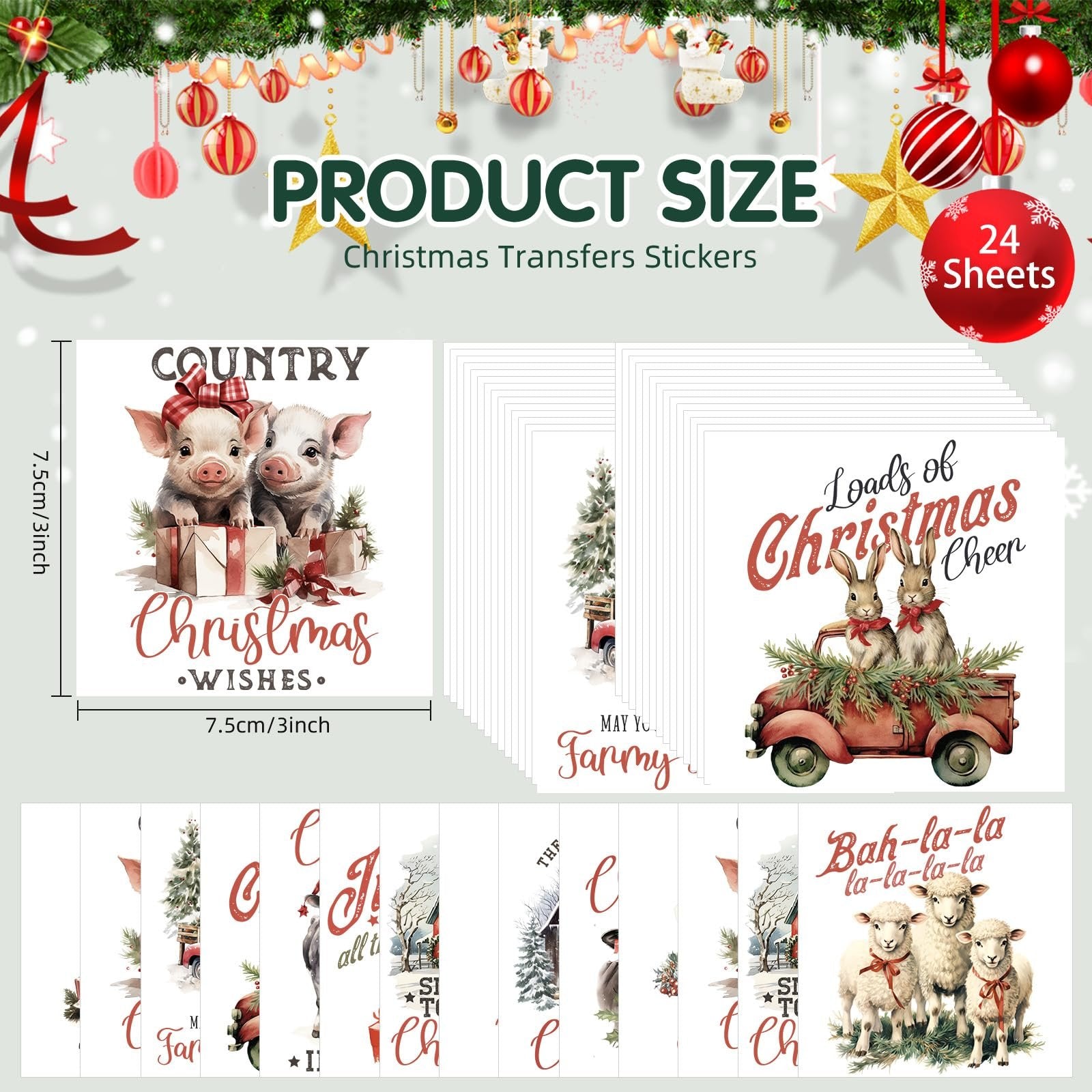 Sheet of vintage Christmas rub-on transfers featuring pigs with gifts and text 'COUNTRY Christmas Wishes'