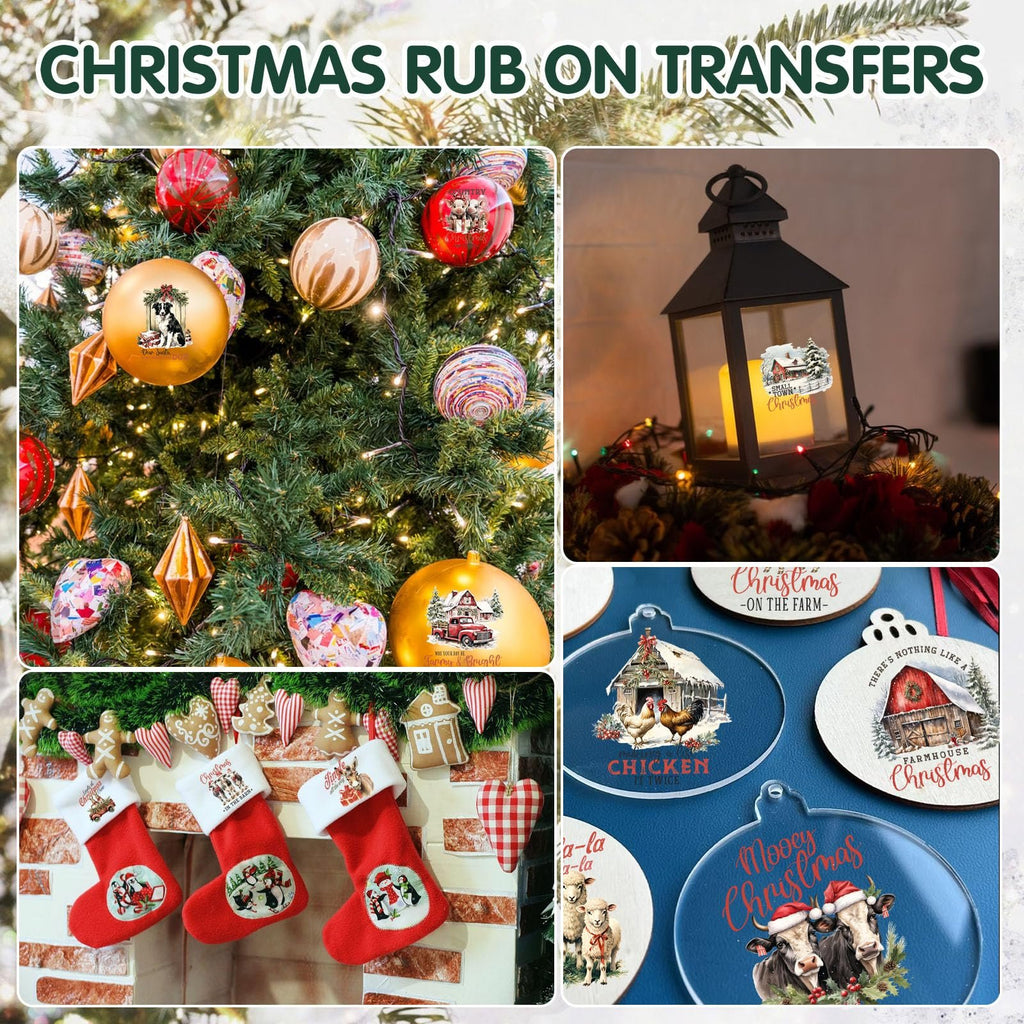 Collage of Christmas decorations featuring rub-on transfers with farm and animal themes.