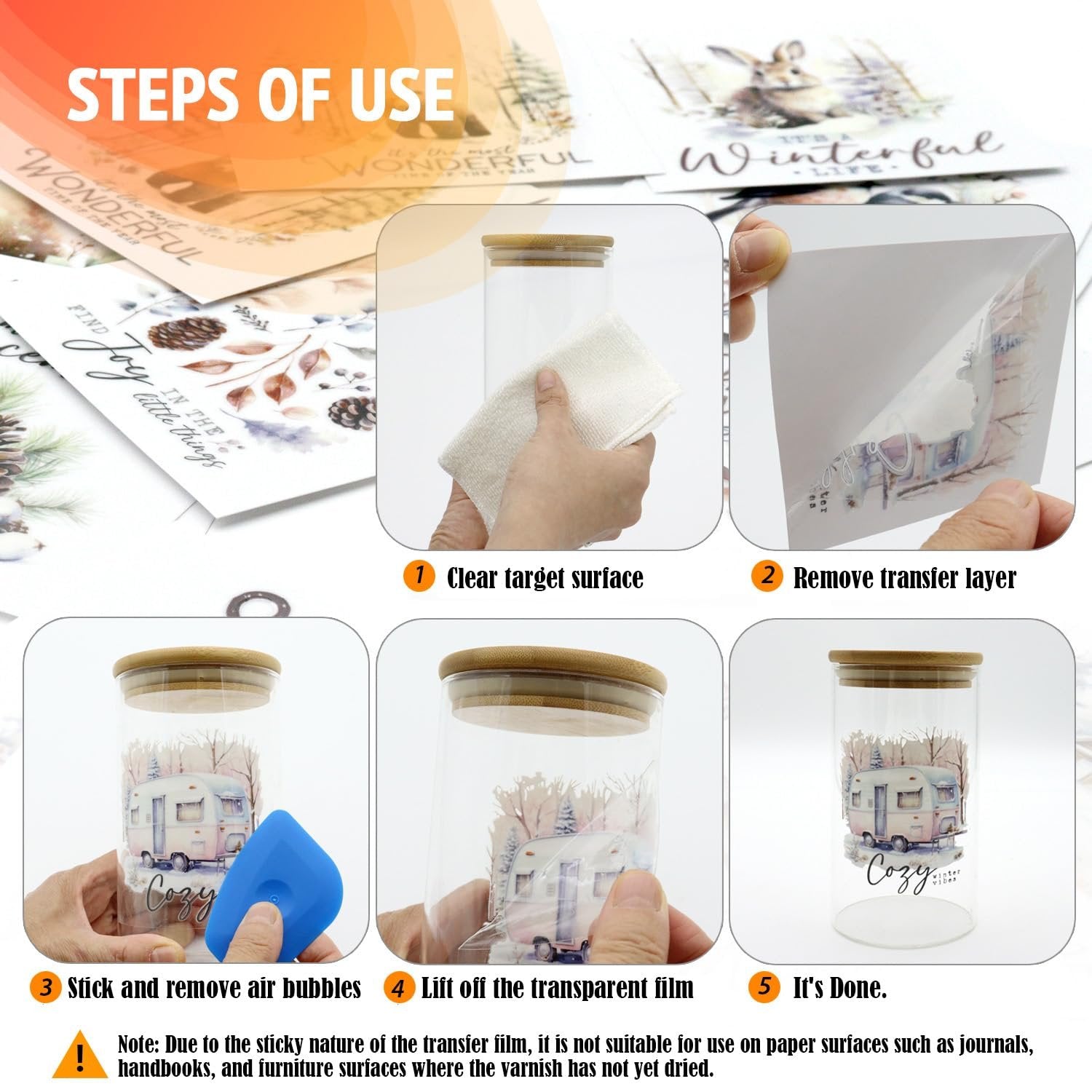 Collage showing steps to apply vintage Christmas rub-on transfers to a glass jar, featuring a camper van design.