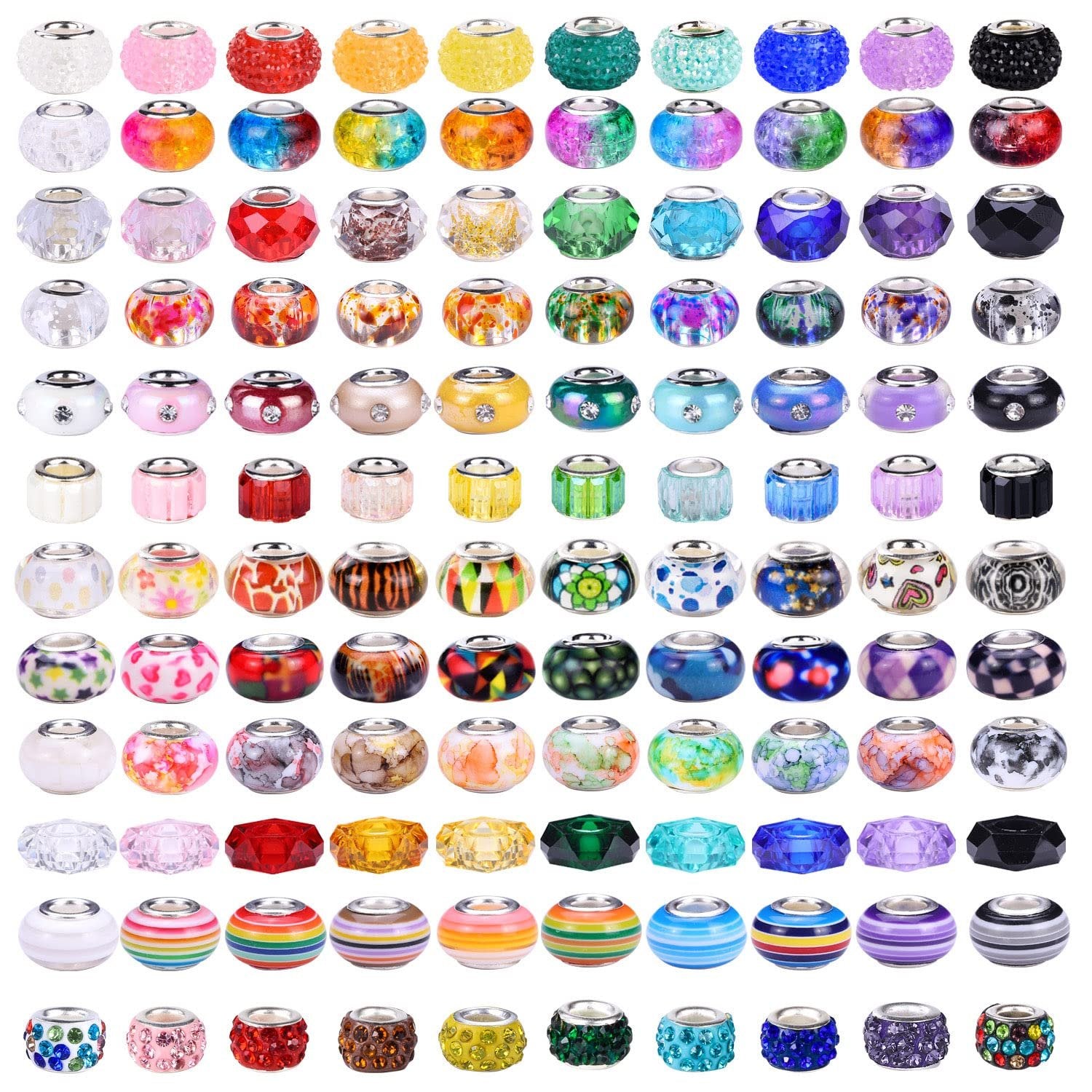 Assortment of 240 colorful lampwork spacer beads with brass cores for jewelry making, various sizes and designs.