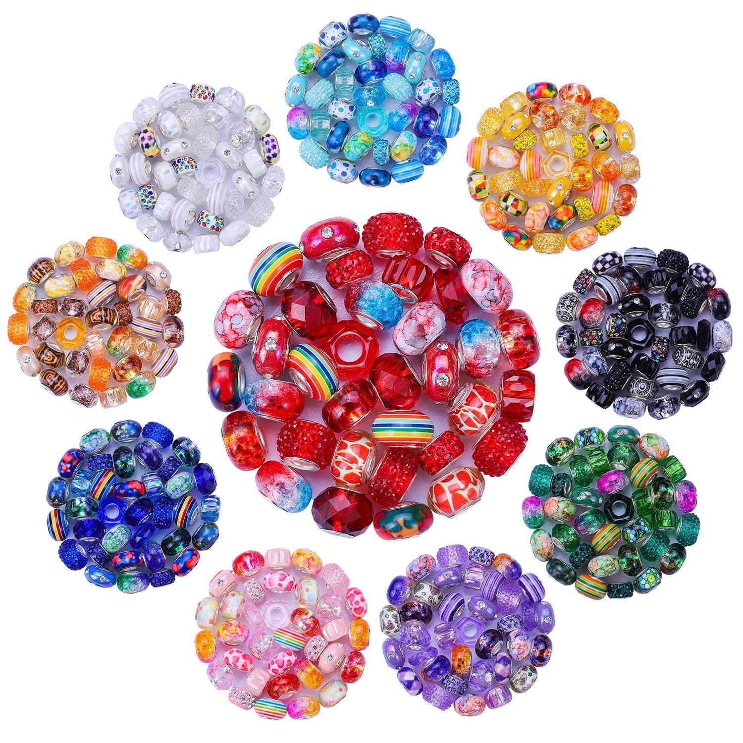 Assortment of colorful lampwork spacer beads in various sizes and designs, arranged in circular clusters on a white background.