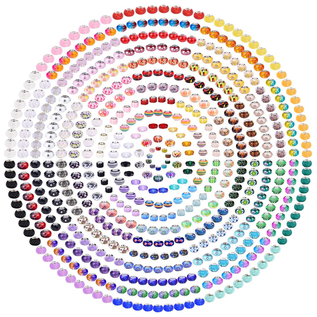 Circular arrangement of 240 colorful lampwork spacer beads in various sizes and designs, including glass and resin with brass cores.