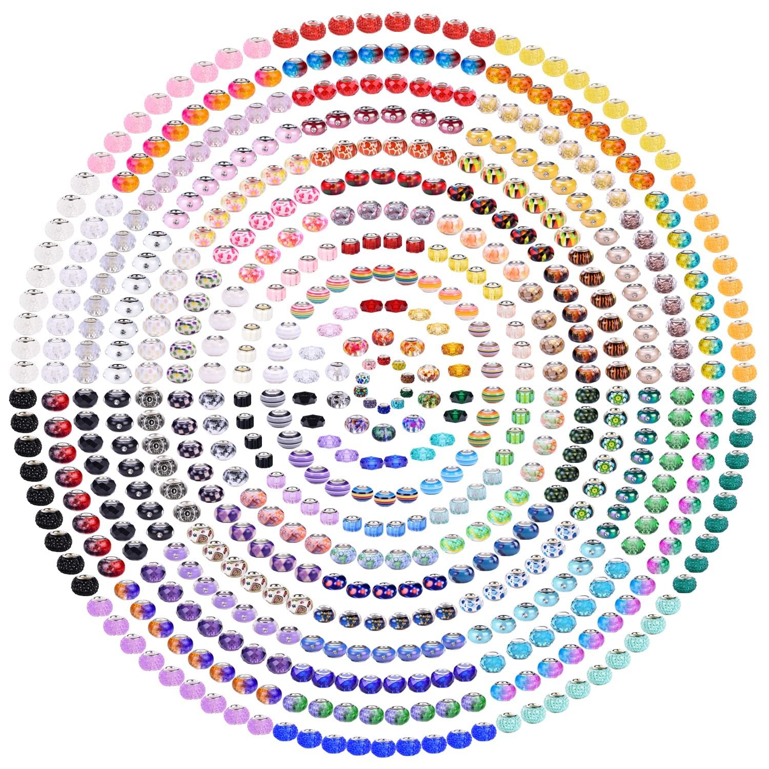 Circular arrangement of 240 colorful lampwork spacer beads in various sizes and designs, including glass and resin with brass cores.