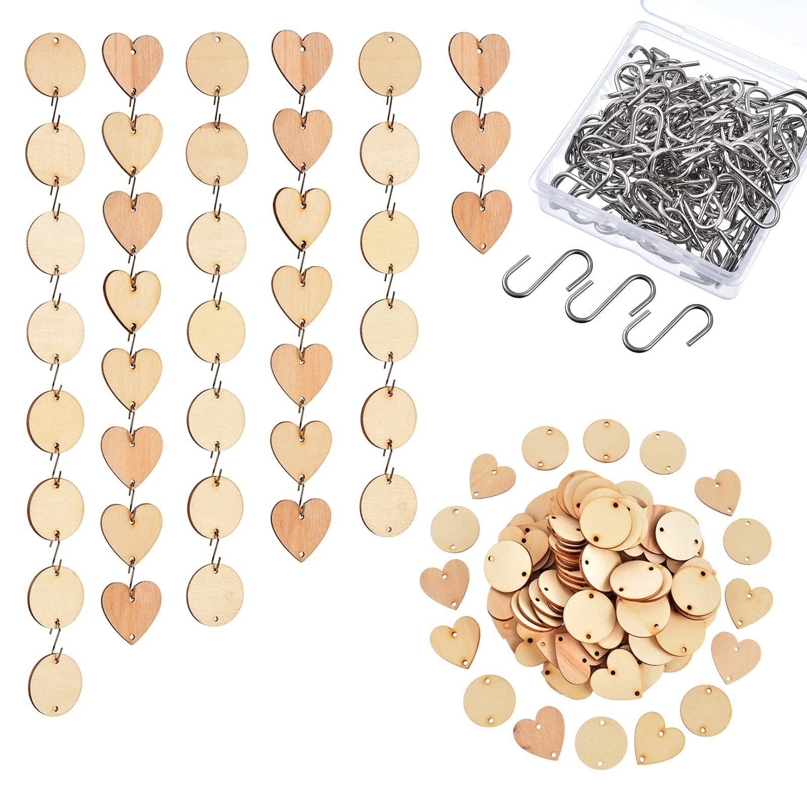 Wooden circles and hearts with S-hook connectors for chore boards and party decor