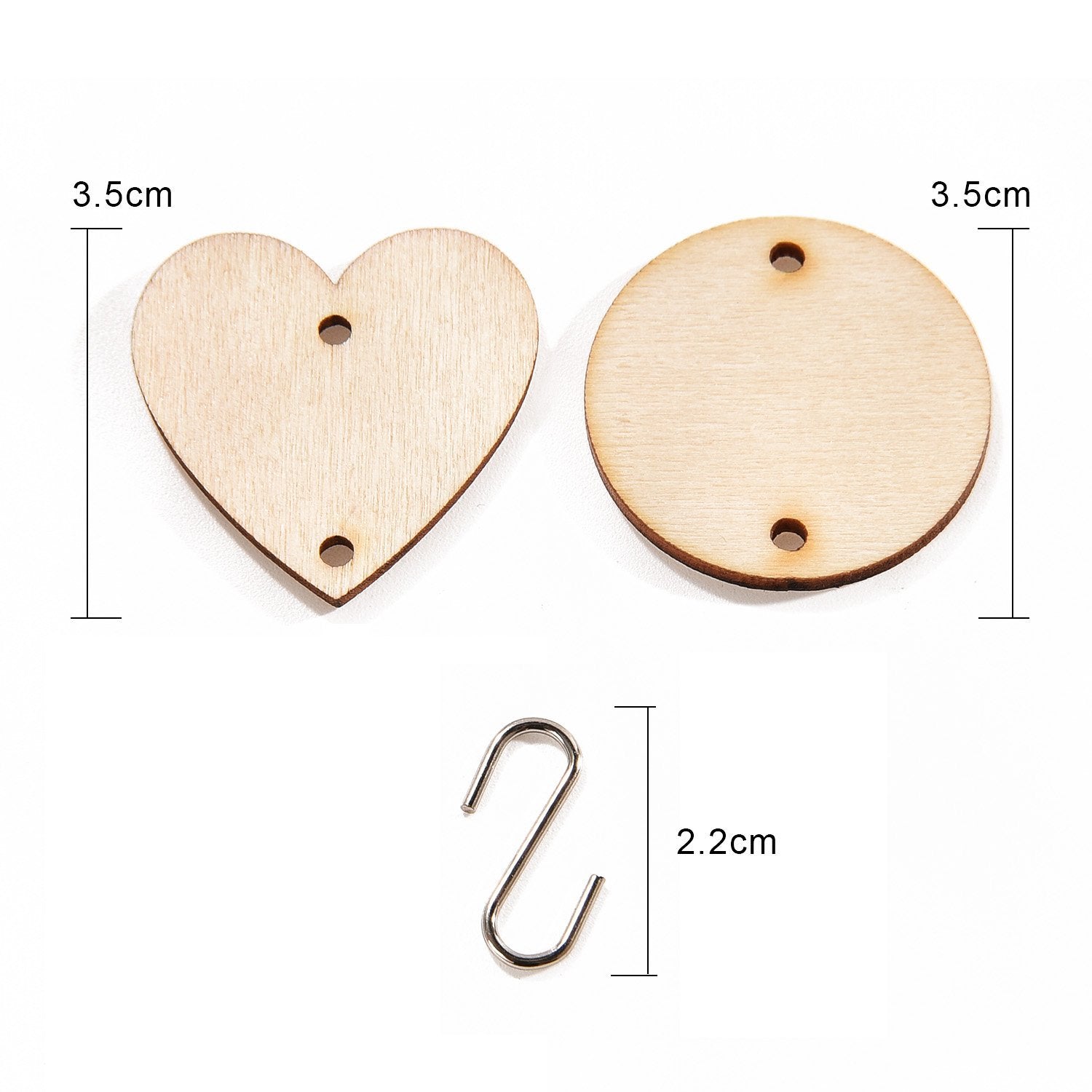 Wooden heart and circle tags with S-hook connector, showing dimensions 3.5cm and 2.2cm