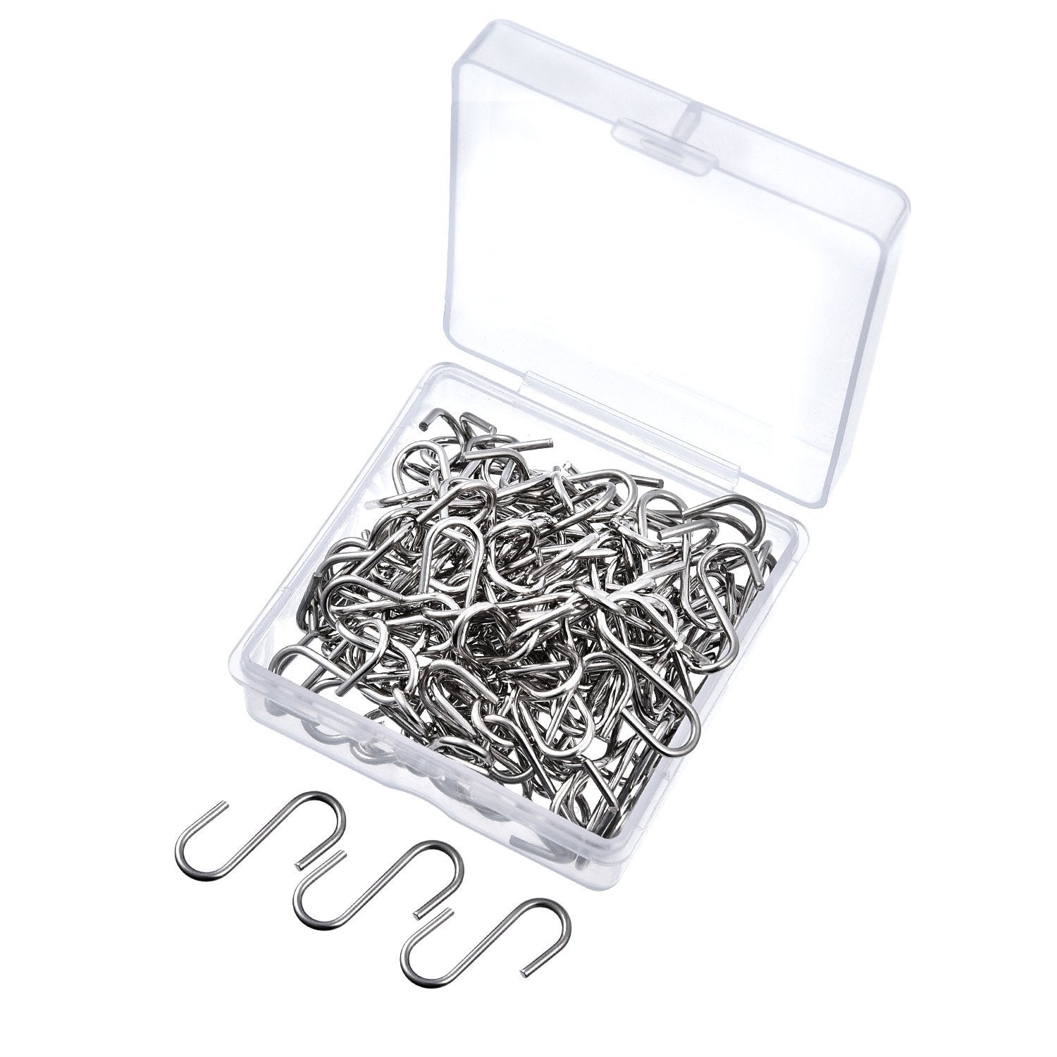 Small metal S-hook connectors spilled from a clear plastic box, with more inside.