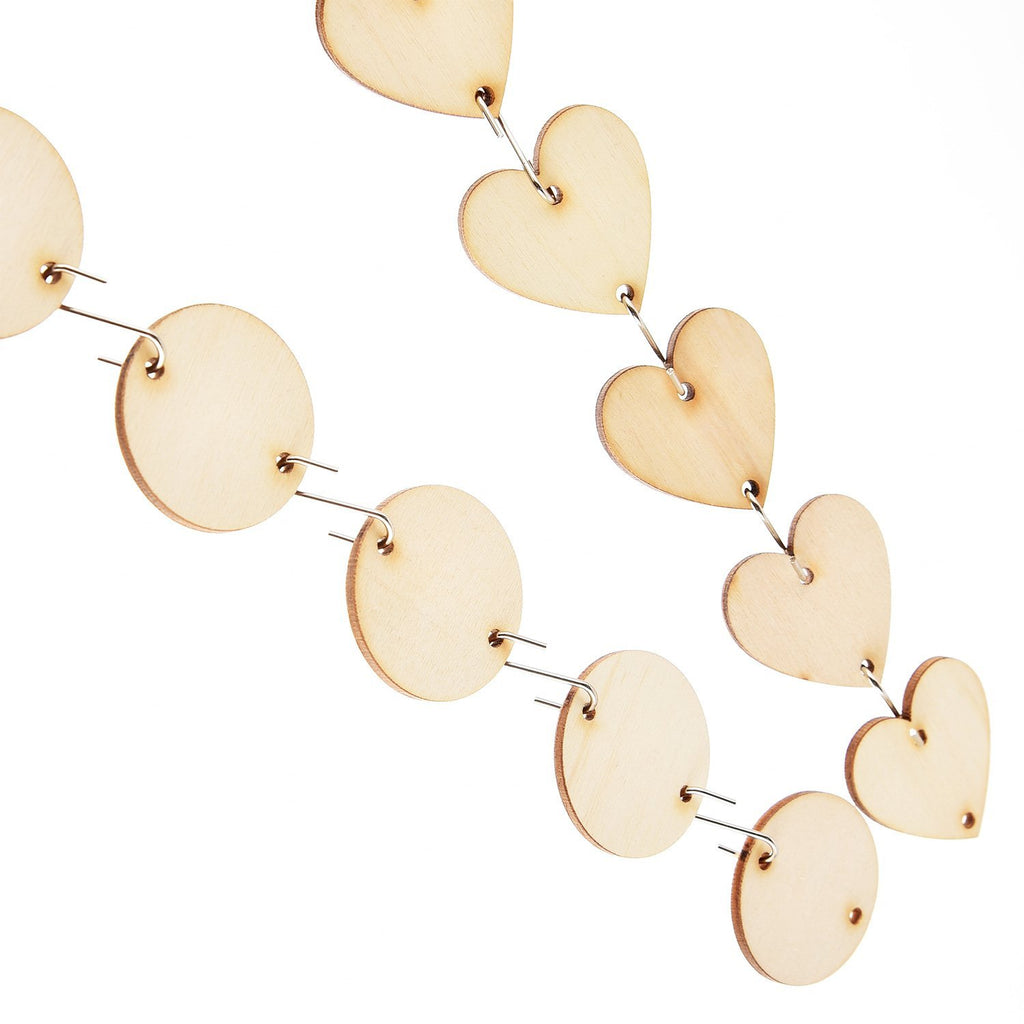 Wooden circle and heart tags strung together with S-hook connectors on a white background.