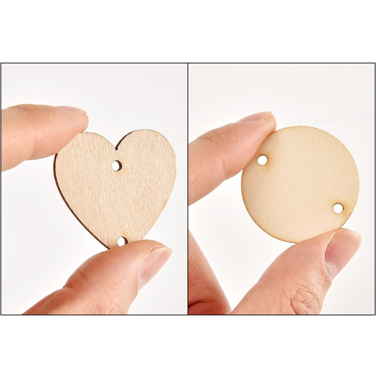 Close-up of hands holding a wooden heart-shaped tag and a wooden circle tag, both with pre-drilled holes.