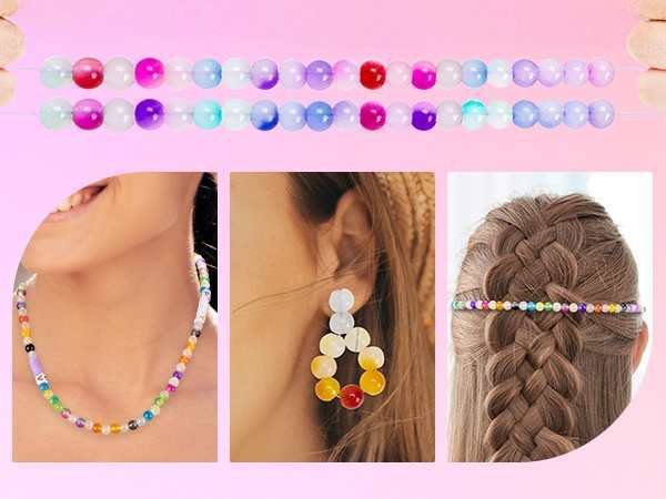 Collage of colorful bead jewelry: necklace on a woman's neck, earrings, and a headband in braided hair.