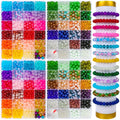 Assortment of 8mm glass beads in 47 colors and finished bracelets on a display cylinder