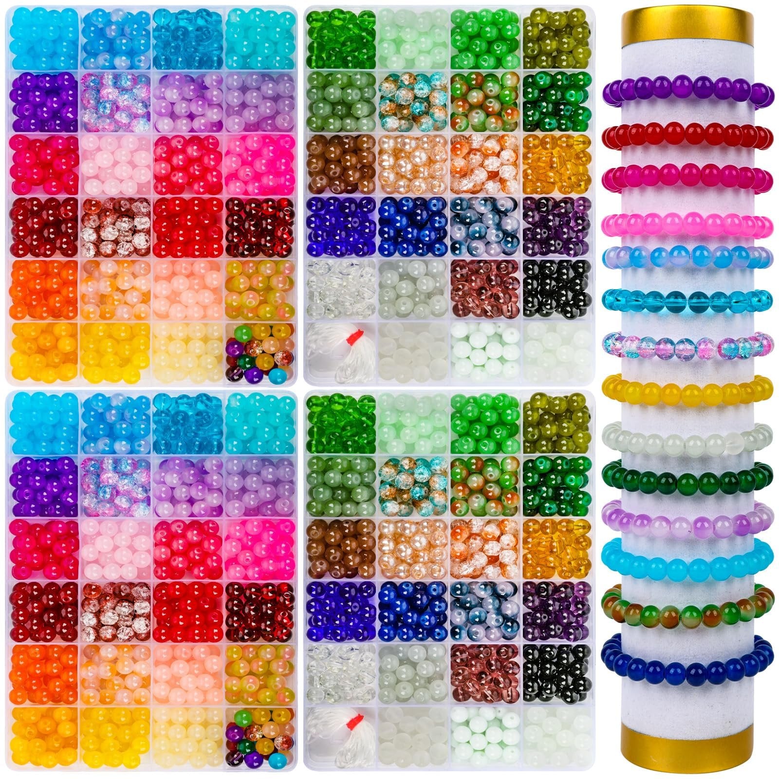 Assortment of 8mm glass beads in 47 colors and finished bracelets on a display cylinder