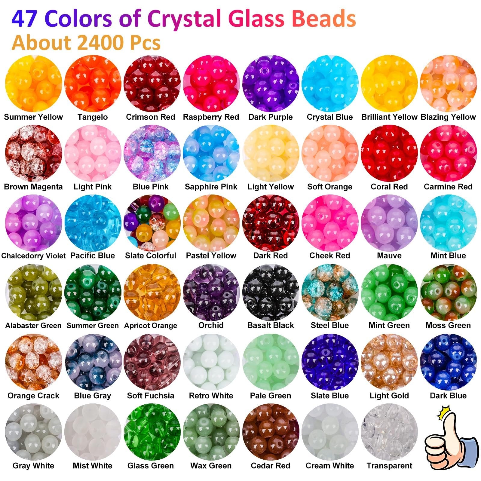 Collection of 47 colors of round glass beads, each color displayed in a circular swatch with its name below.