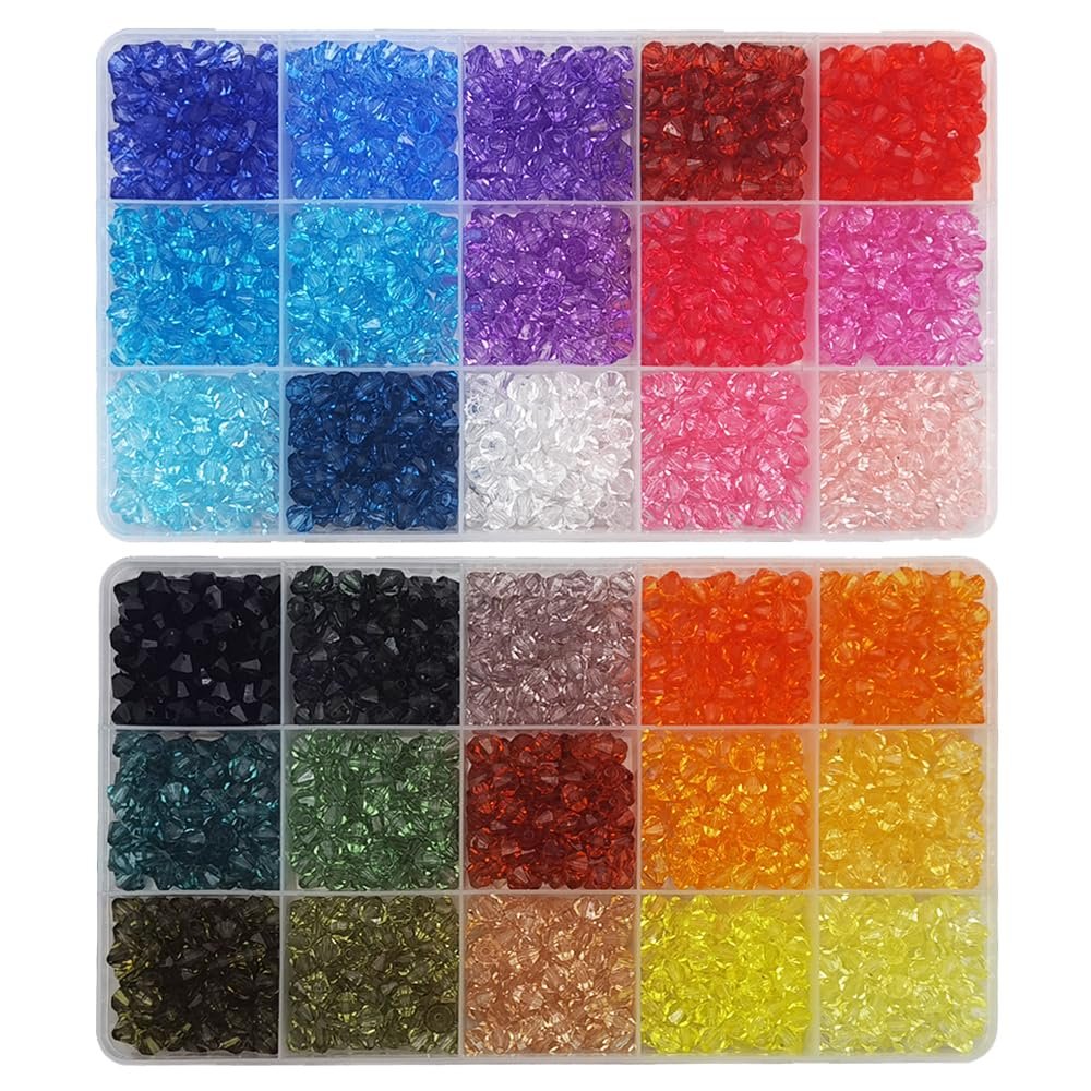 Two clear plastic organizer boxes filled with 6mm faceted acrylic bicone beads in 30 assorted colors for jewelry making.