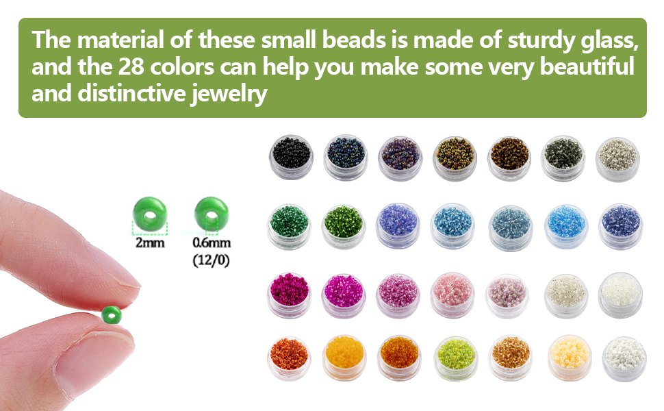 Glass seed beads in 28 colors, shown in small containers and with size dimensions of 2mm and 0.6mm.