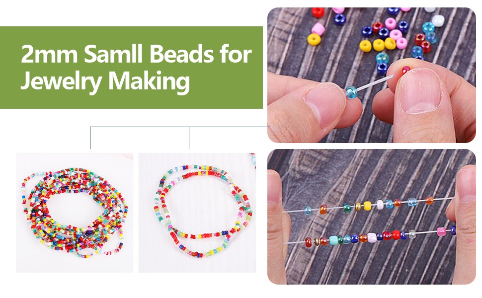 Assorted colorful glass seed beads for jewelry making, shown in a flat lay and being strung onto thread.