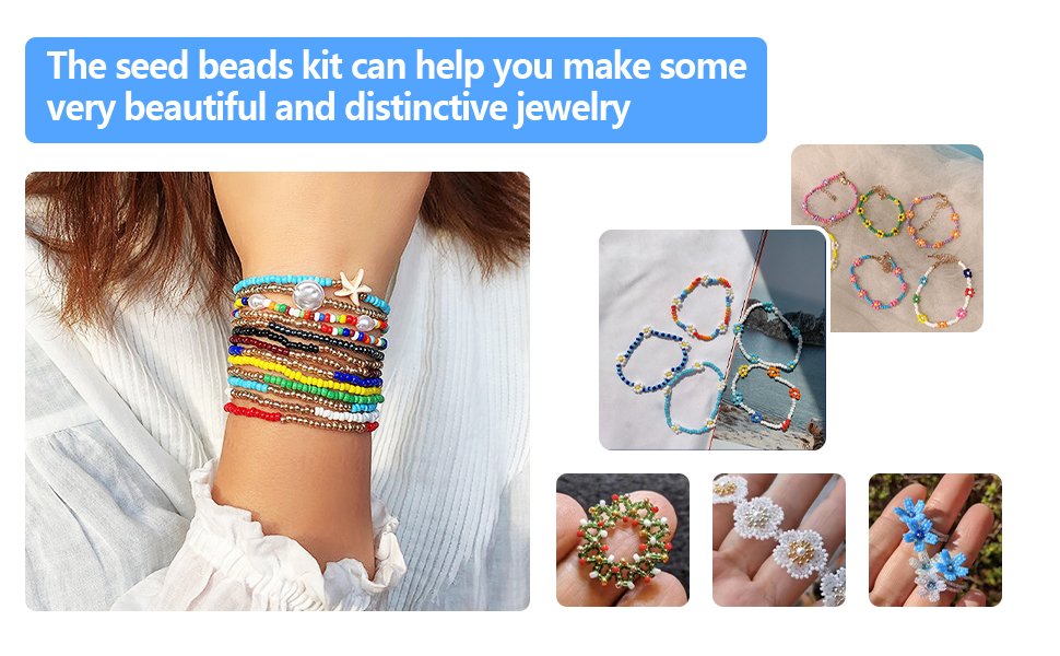 Woman's arm stacked with colorful seed bead bracelets, with smaller images showing various beaded jewelry designs.