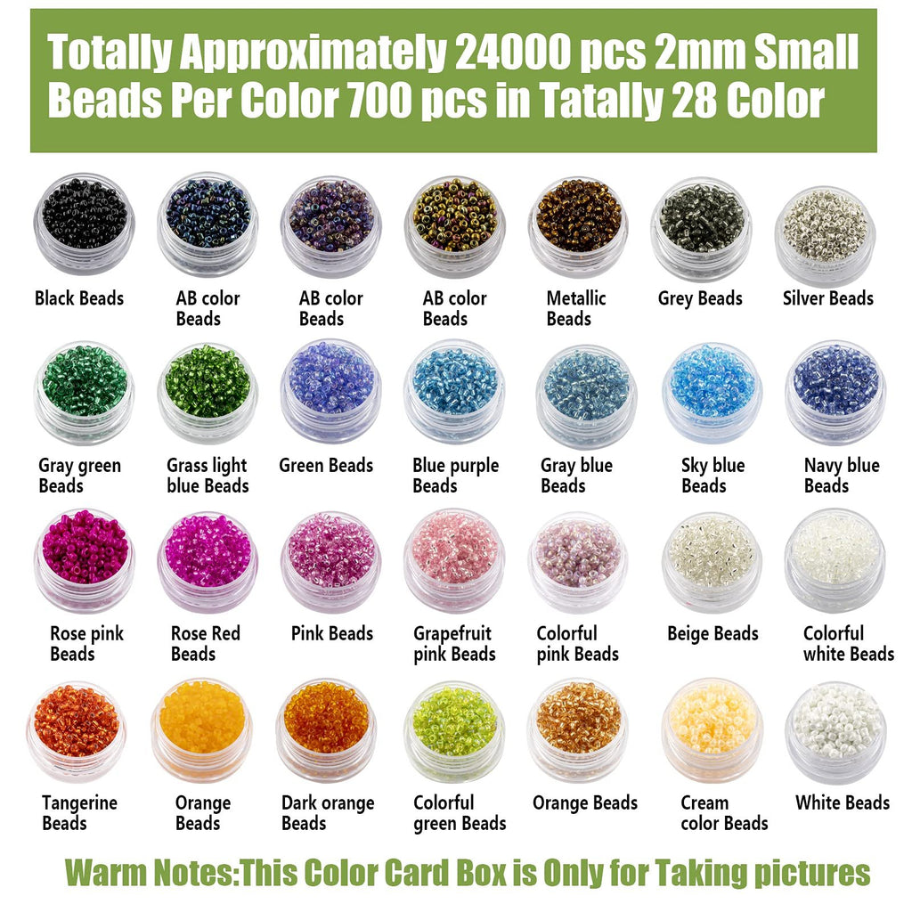 Assortment of 28 colors of 2mm glass seed beads in small clear containers, arranged in rows with color names below.