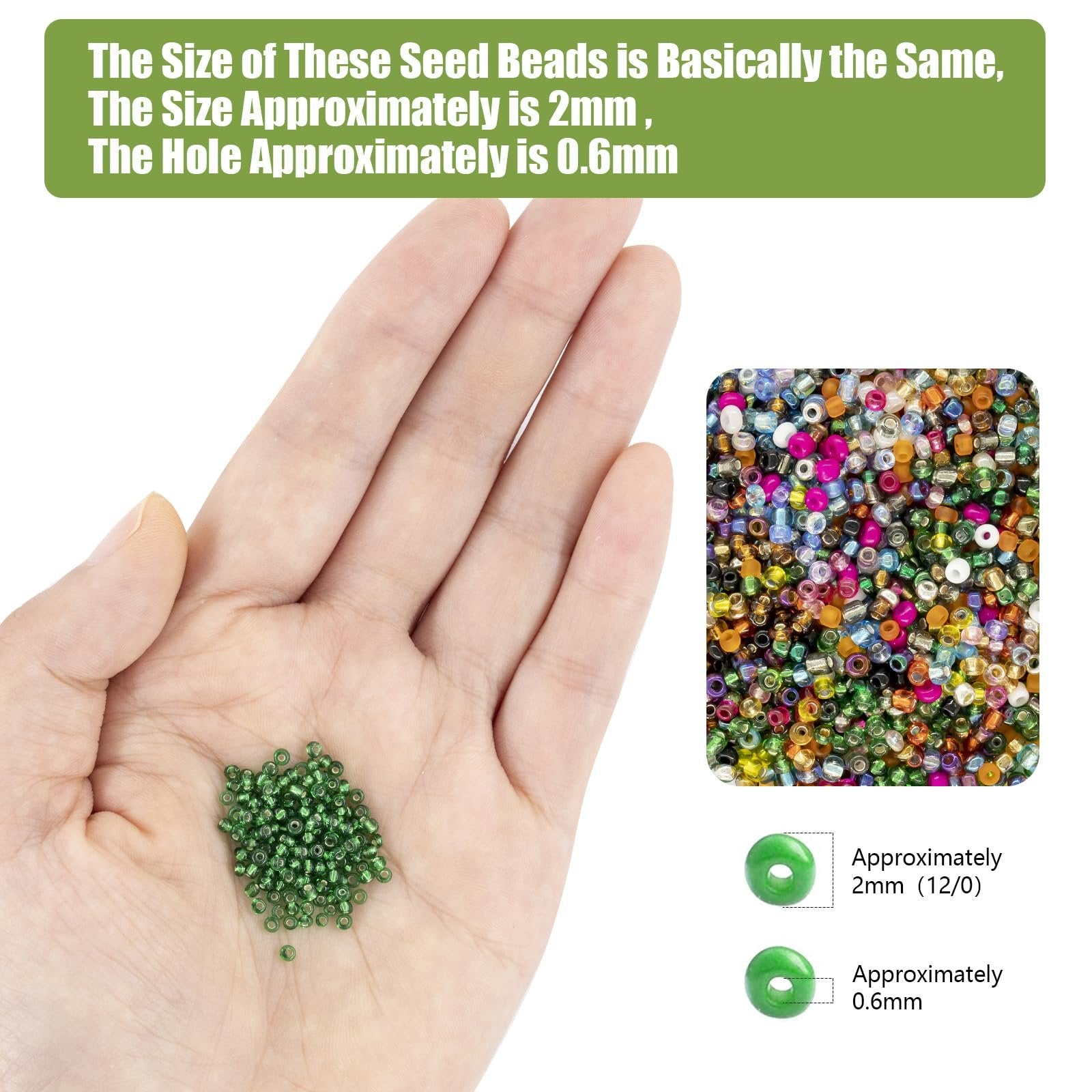 Hand holding a small pile of green seed beads, with a close-up inset of mixed color seed beads and size diagrams.