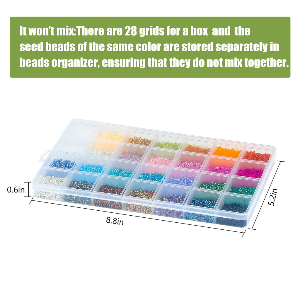 Clear plastic organizer box filled with 28 compartments of colorful glass seed beads, dimensions labeled 8.8in x 5.2in x 0.6in.