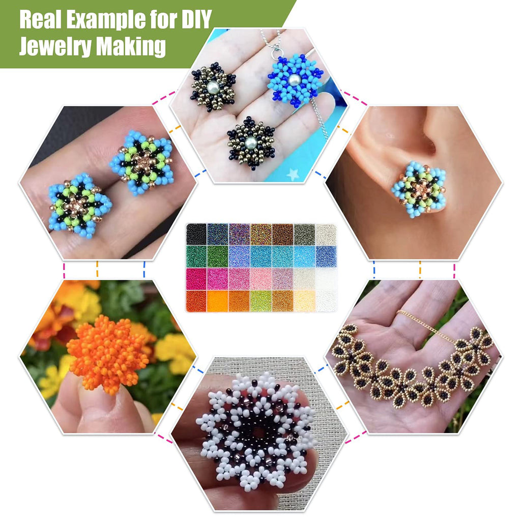 Collage of DIY jewelry made with seed beads, showing finished earrings, necklace, and bead assortment.