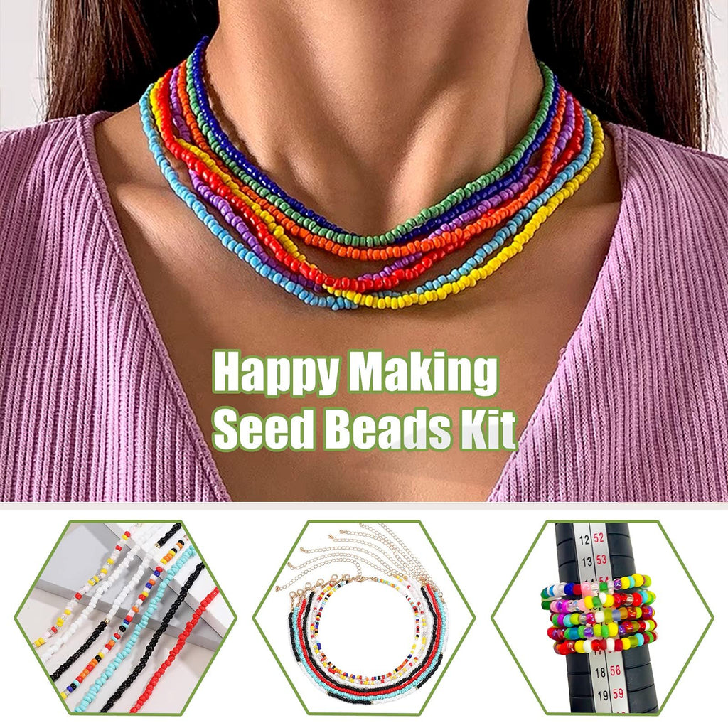 Woman wearing multiple colorful seed bead necklaces, with inset images showing bead strands, necklaces, and rings.